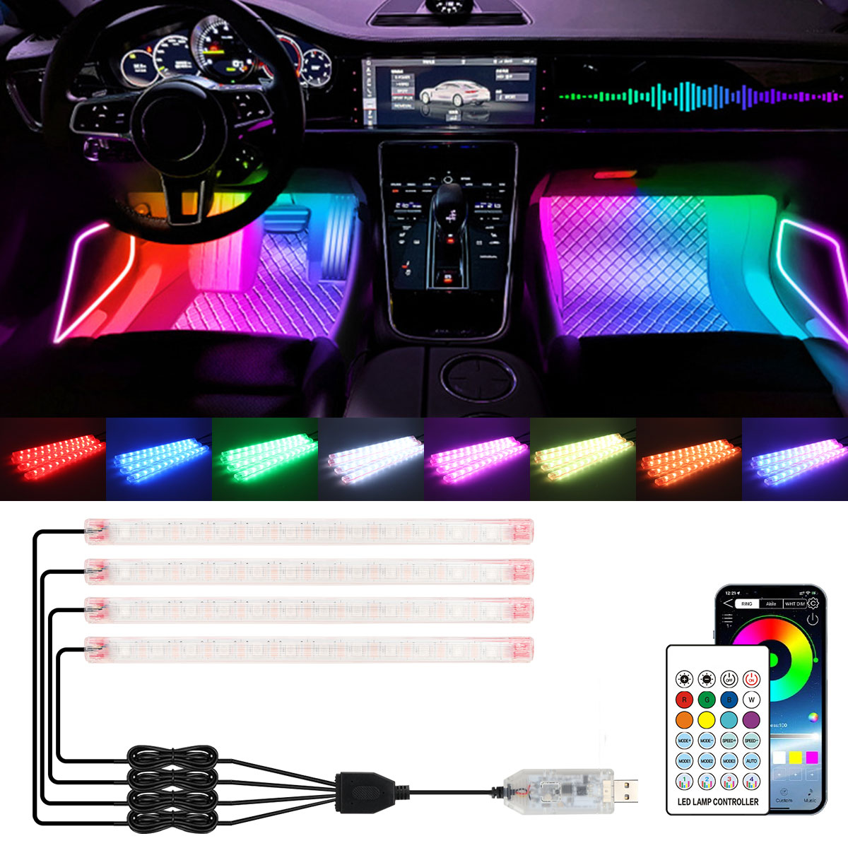 2/4in1 12/18 LED RGB Rainbow A - Led Ambient Interior Car Lights App Control ulasan dan harga